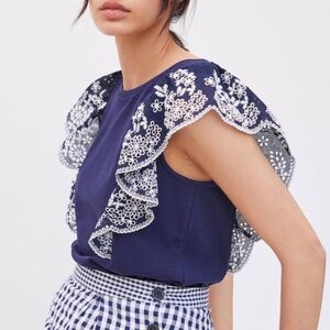 New Anthropologie Maeve Ruffled Eyelet Blue White Embroidered Top Blouse S